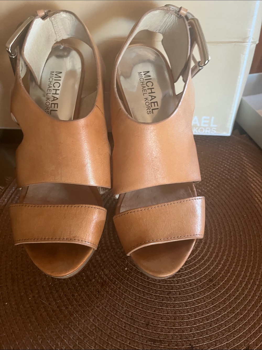 Michael Kors Cognac Leather Wedge Sandals